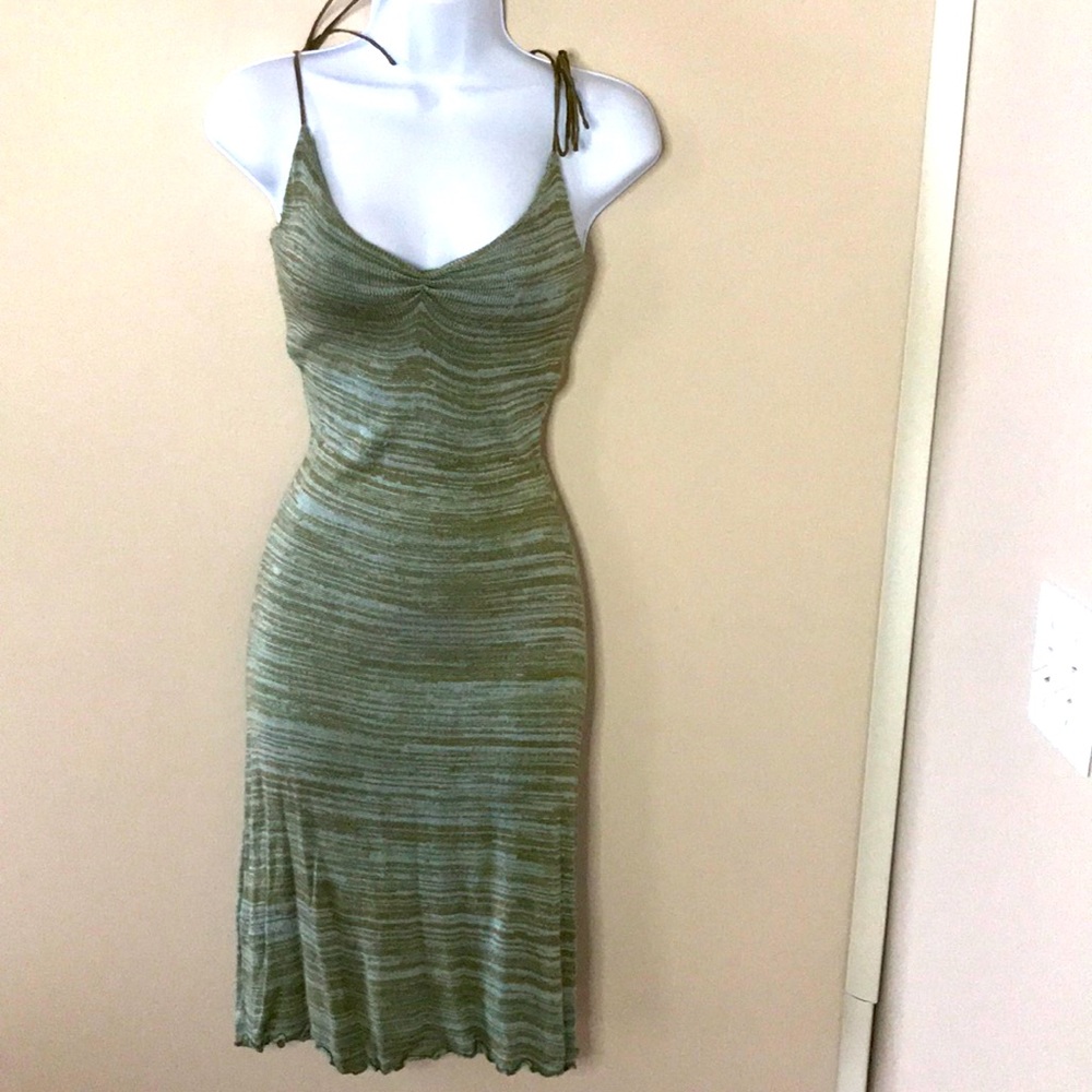 Olive green,aqua, knit, upper bodice lined  dress.
